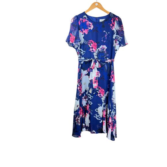 Harper Rose Blue Pink Floral Fit & Flare Flowy Short Sleeve Chiffon Dress - Picture 8 of 12